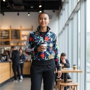 Adidas Women's Vibrant Floral Bomber Jacket - Black and Red